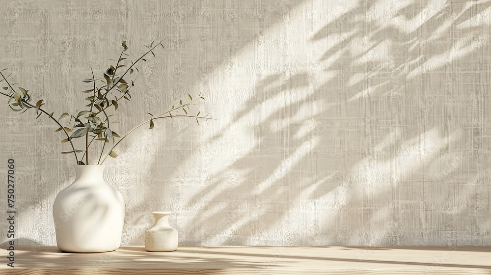 Elegant Nordic Table Display with Sunlight and Leaf Shadows for Product Showcasing