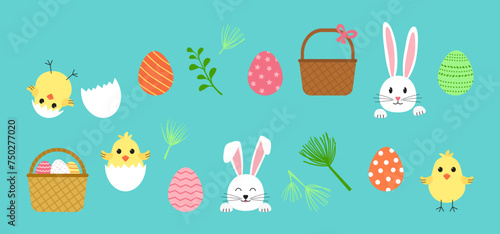 Easter cute icon, cartoon rabbit and egg hunt, spring basket, chick with shell, happy bunny. Holiday set on green background. Vector illustration