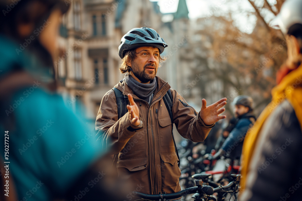 cycle-tour guide, helmet on, gesturing towards an iconic building, surrounded by a group of cyclists with their bikes