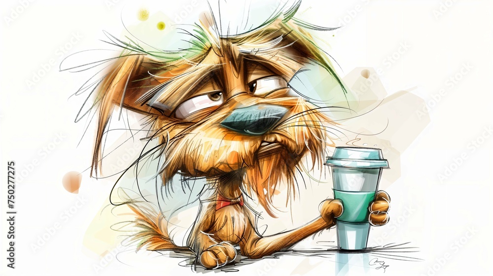 Naklejka premium Sleepy dog with its coffee