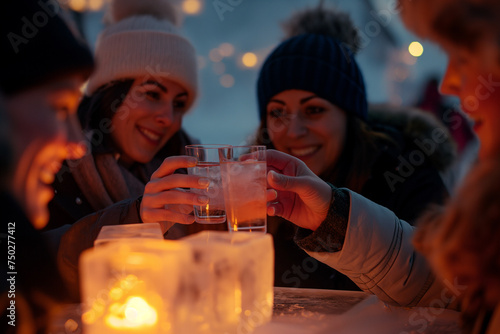  Capture a group various ethnic enjoying drinks at an ice bar illuminated by ethereal candlelight. 