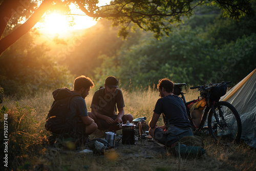 bikers seated around a campfire, studying a map in the fading natural light of dusk photo