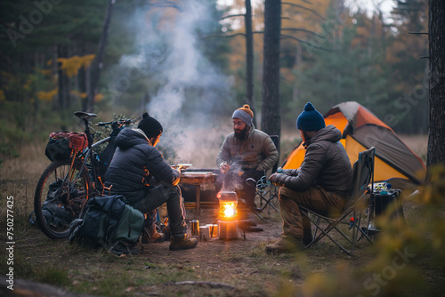 bikers seated around a campfire, studying a map in the fading natural light of dusk