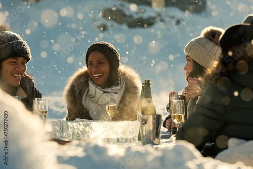 At the peak of a majestic ski mountain, a racially diverse group enjoys a luxury champagne breakfast, the table