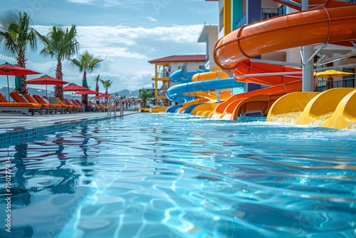 A serene pool with crystal-clear water flanked by rainbow-colored water slides and sun loungers © familymedia