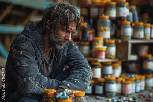A tired worker sits surrounded by countless paint cans in a cluttered workshop, suggesting exhaustion