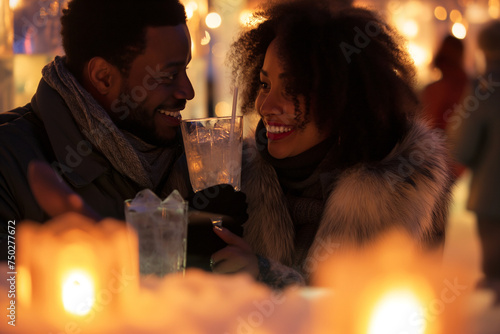 guests of different ethnic backgrounds gather at an ice bar under the gentle illumination of candlelight, in North or Latin America. photo
