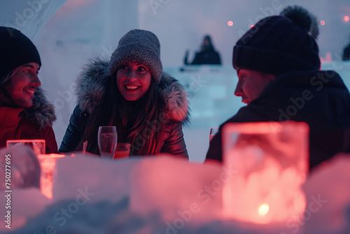 guests of different ethnic backgrounds gather at an ice bar under the gentle illumination of candlelight, in North or Latin America. photo