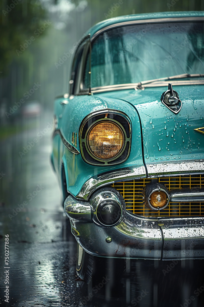 Vintage Blue Car Cruising Through Rainy Streets in Nostalgic Ambiance