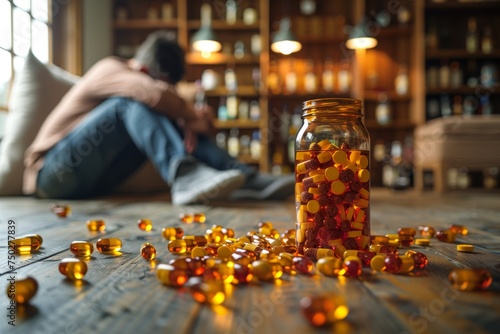 The evocative scene of a spilled jar of colorful pills and a despondent person in the blurry background