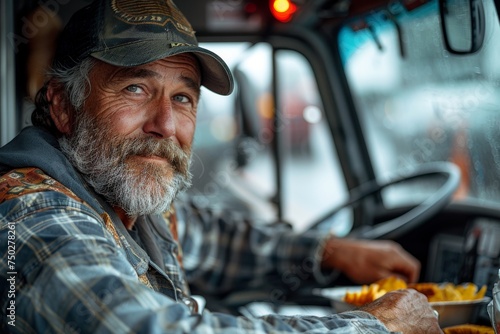 Cheerful truck driver is eating in the cabin of his truck, portraying a moment of respite and nourishment photo