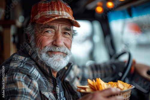 Thoughtful truck driver holds a basket of fries while in the truck cabin, indicating a moment of relaxation