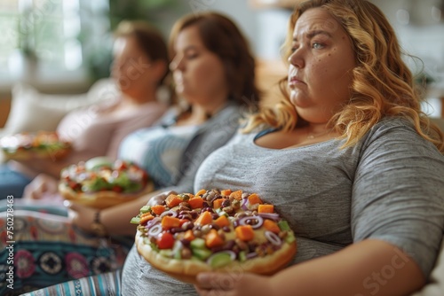 Three friends seated on a couch  each holding a colorful  topping-loaded pizza  enjoying a cozy  intimate gathering in a homely living room setting