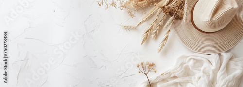 Flay lay of blank white table space with dried flower branches on fabric background,  organic POD or printable stationary products mockups with earthy natural eco vibes, natural lighting, empty center