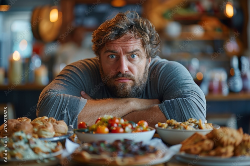 Frustrated man leaning on a table filled with various plates of food