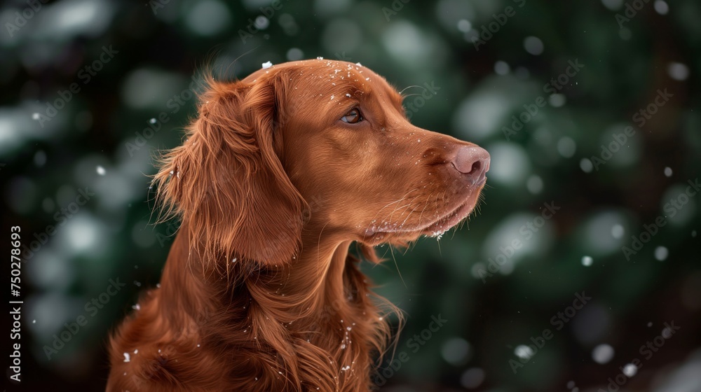 A cute head shot of a ginger Irish setter dog with snow covered against dark green bush in the background. A cute head shot of a ginger Irish setter dog with snow covered against dark green bush in the background.
