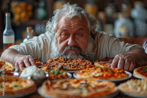 An elderly man with a beard appears overwhelmed by multiple pizza plates around him
