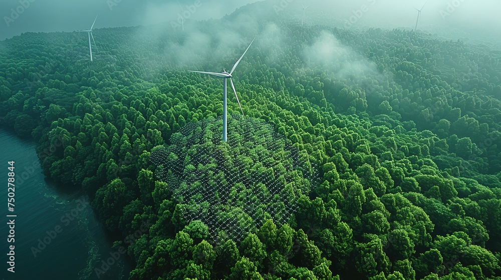 A conceptual image showcasing the integration of green energy solutions and sustainable power engineering, with symbols like wind turbines, solar panels, and eco-friendly technology - obrazy, fototapety, plakaty 