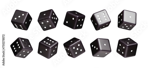Set of black dice with random numbers of white dots 3D rendered. Gambling objects to play craps and poker, casino, tabletop or board games realistic three dimensional vector illustration