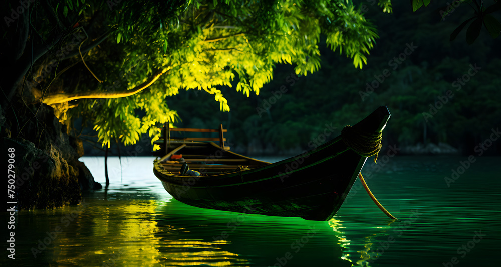 a lone rowboat docked in a lake next to some tree branches