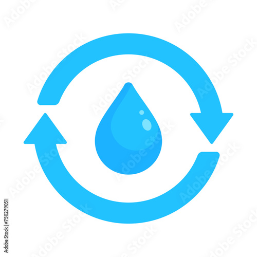 A blue circular arrow with a water drop symbol in flat vector illustration style, representing the concepts of hydropower, water purification, and rehydration