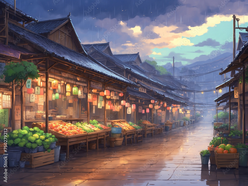 Deserted traditional market in the countryside on a rainy evening without people