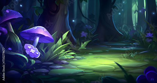 cartoon illustration of colorful mushrooms on forest floor © Lily