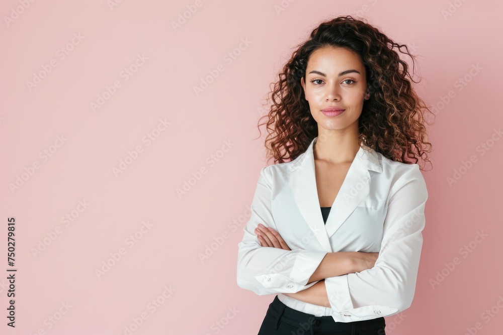 A confident woman in a power pose, against a simple and clean background - obrazy, fototapety, plakaty 