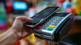 Hand holding smartphone by payment terminal, contactless transaction in progress