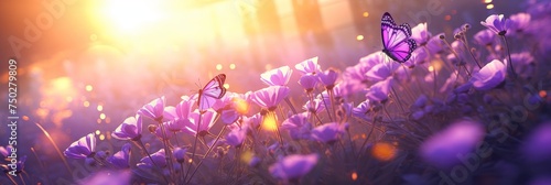 Enchanting purple flowers and butterflies in the golden sunset. A mystical garden with vibrant violet petals and graceful insects. Dreamy and magical landscape for book covers and banners. photo