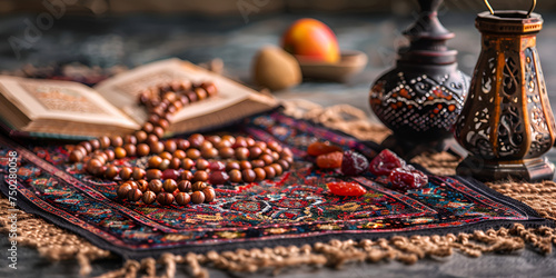  Ramadan Kareem Concept Al Quran And Tasbih On The Prayer Rug Background Quran the holy book of Muslim religion and pray counting bead on rug  photo