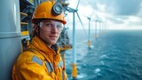 Portrait of a smiling worker of offshore vessel or ship, Oil Rig, Offshore wind farm. 