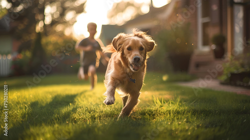 A dog runs towards the camera on the grass in the front yard.