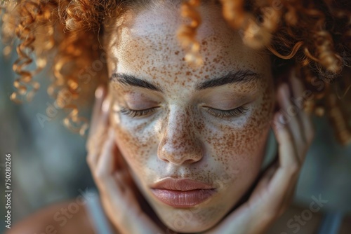 Close-up of a red-haired woman with freckles, eyes shut, hands cupping her face in serenity