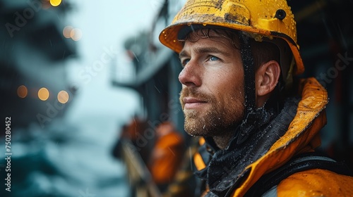 Portrait of a smiling worker of offshore vessel or ship, Oil Rig, Offshore wind farm.  photo