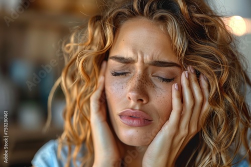 Concerned woman with curly hair and hands on her face with a pained facial expression