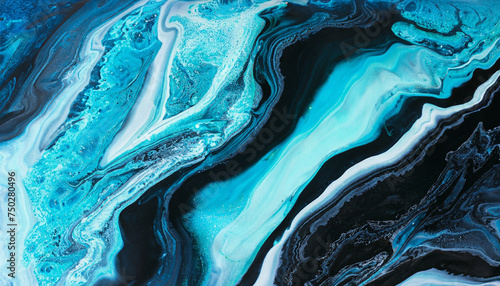 Abstract fluid art background black and blue colors. Liquid marble. Acrylic painting on canvas with turquoise gradient; watercolor texture for design; high