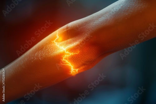 A striking image showing a human arm with a lightning-like effect at the elbow, representing sudden and localized pain visually photo