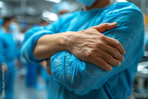 Close-up image of a medical professional with arms crossed, wearing blue scrubs, signifying readiness and expertise