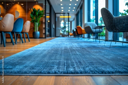 This image showcases a modern office corridor with elegant blue carpet and tastefully selected furniture seen in the background