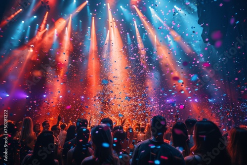 An energized crowd enjoys a music festival with lights and confetti illuminating the excitement and celebration