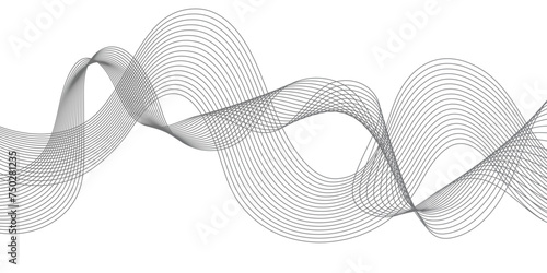  Abstract background white and black curved lines on background. Frequency sound wave lines and technology background, Design for brochure, grey smooth element swoosh speed wave modern stream.