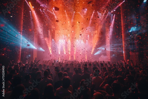 The back view of a massive crowd is engaging with the spectacle on stage, featuring a confetti show in a festival atmosphere