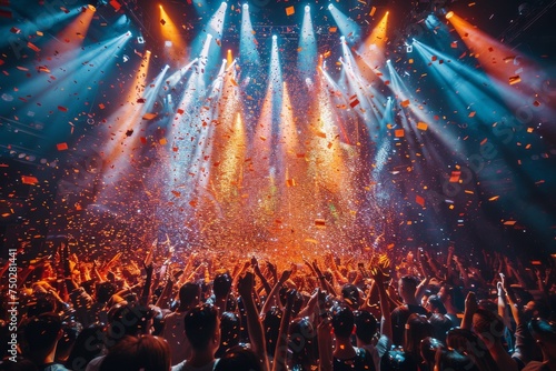 A lively crowd raises their hands in a joyous celebration, showered in confetti at an energetic party or concert
