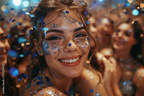 Close-up of a joyful woman adorned with blue glitter, sharing a spirited moment within a party setting