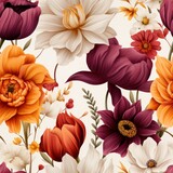 Charming vintage floral seamless pattern with intricate flowers, leaves, and berries in a retro design. Ideal for backgrounds, wallpapers, wrapping paper, textiles, adding elegance to your projects.