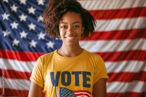 young Black female USA American election voter portrait in front of American flag photo