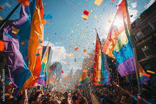 Confetti rains down as a crowd celebrates pride with a vibrant display of flags and enthusiasm