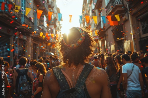 Warm sunlight bathes a bustling street adorned with pride decorations and filled with confetti and revelers photo