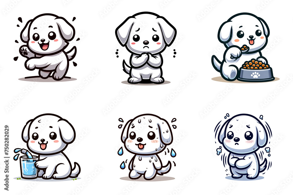 Fototapeta premium 白い子犬のキャラクターが色々なポーズをとっているイラストのセット。喜んでいる表情、謝っているポーズ、ご飯を食べている犬などのかわいいイラスト